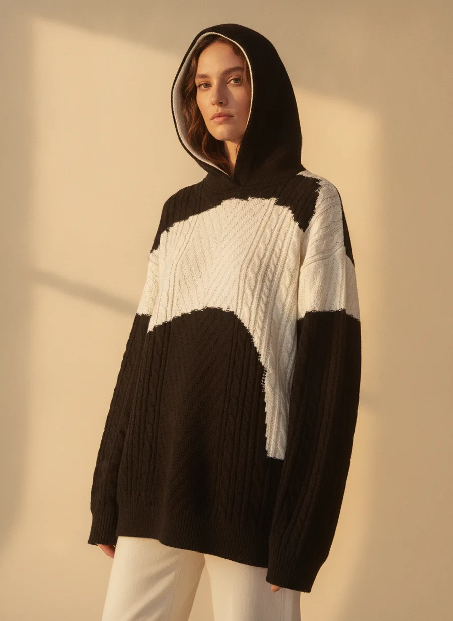Pinselstrich: Strick-Kapuzenpullover aus der Atelier-Linie, getragen